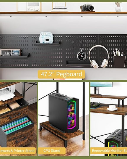 Yoobure L Shaped Desk with Pegboard, Reversible Gaming Desk with LED Lights & Power Outlets, Computer Desk with Drawers & Storage Shelves, Office Desk with Monitor Stand Corner Desk Home Office Desks - LeafyLoom