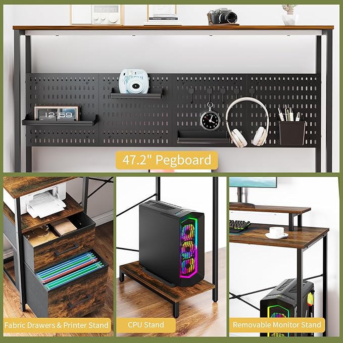 Yoobure L Shaped Desk with Pegboard, Reversible Gaming Desk with LED Lights & Power Outlets, Computer Desk with Drawers & Storage Shelves, Office Desk with Monitor Stand Corner Desk Home Office Desks - LeafyLoom