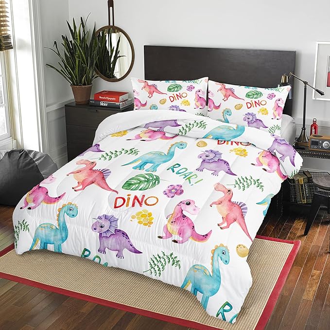 Cartoon Dinosaur Comforter Set Twin 3Pc Kawaii Dinosaur Bedding Set All Season with Tree, Leaf Decoration includes 1 Comforter, 2 Pillowcases for Kids Girls Teens - LeafyLoom