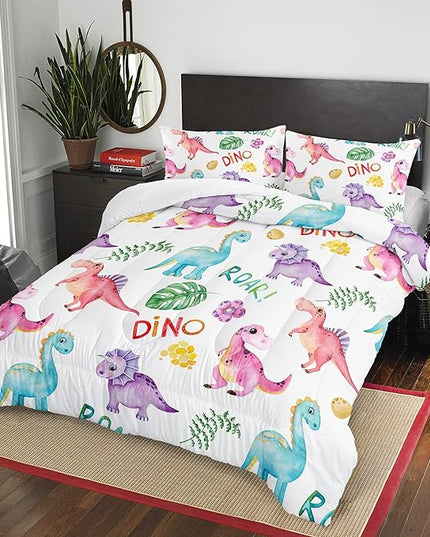 Cartoon Dinosaur Comforter Set Twin 3Pc Kawaii Dinosaur Bedding Set All Season with Tree, Leaf Decoration includes 1 Comforter, 2 Pillowcases for Kids Girls Teens - LeafyLoom