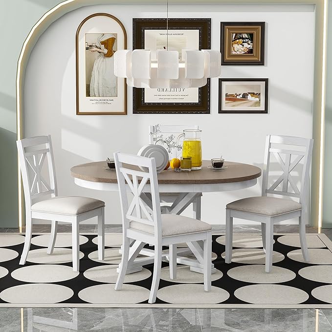 NicBex Dining Table for 4 Kitchen Table and Chairs 5-Piece Retro Functional Dining Table Set Extendable Round Table and 4 Upholstered Chairs for Dining Room and Living Room, Brown + Antique White - LeafyLoom