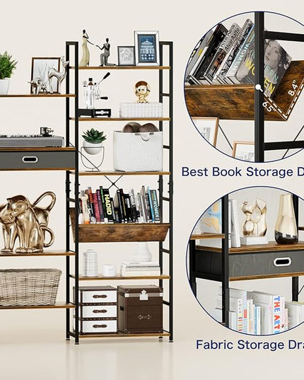 NUMENN Triple Wide 6 Tier Bookshelf, Adjustable Rustic Industrial Style Book Shelves, Modern Bookcases and Bookshelves Furniture for Bedroom, Living Room and Home Office, Vintage Brown - LeafyLoom