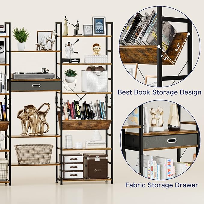 NUMENN Triple Wide 6 Tier Bookshelf, Adjustable Rustic Industrial Style Book Shelves, Modern Bookcases and Bookshelves Furniture for Bedroom, Living Room and Home Office, Vintage Brown - LeafyLoom