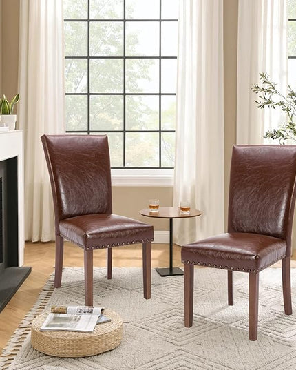 Parsons Dining Chairs Set of 2, Upholstered Nailhead PU Leather Dining Room Kitchen Side Chair with Thick Cushions and Wood Legs, Light Brown - LeafyLoom