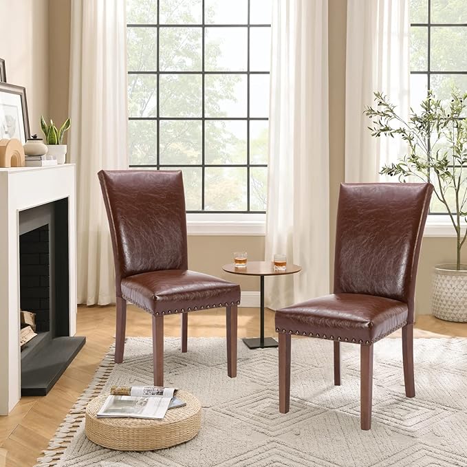 Parsons Dining Chairs Set of 2, Upholstered Nailhead PU Leather Dining Room Kitchen Side Chair with Thick Cushions and Wood Legs, Light Brown - LeafyLoom