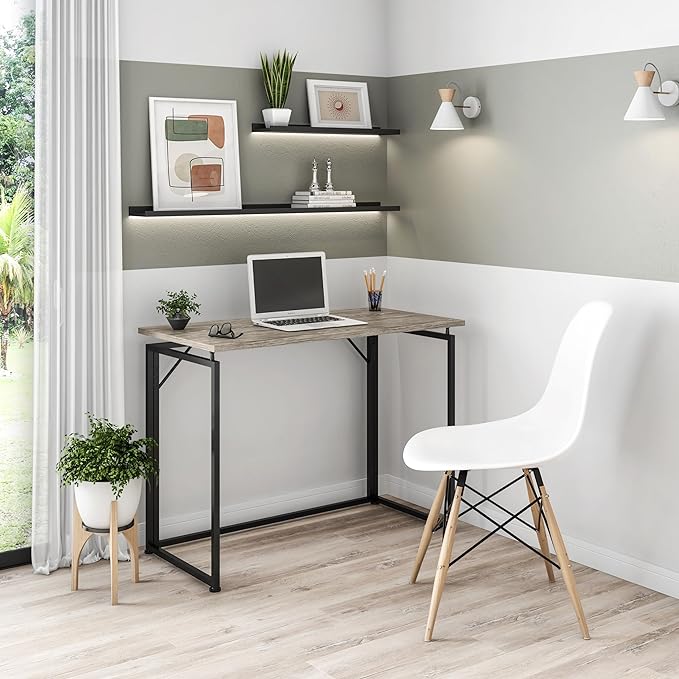 Techni Mobili Space Saving Folding Desk, Grey - LeafyLoom
