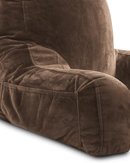 Husband Pillow XXL Chocolate Backrest with Arms - Adult Reading Pillow Shredded Memory Foam, Ultra-Comfy Removable Microplush Cover & Detachable Neck Roll, Unmatched Support Bed Rest Sit Up Pillow - LeafyLoom