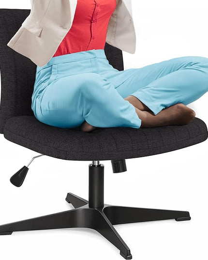 Criss Cross Desk Chair - Wide Armless Office Chair No Wheels, Cross Legged Office Chair, Adjustable Modern 360 Swivel Vanity, Fabric Padded,120° Rocking Ergonomic Mid Back Computer - Black - LeafyLoom