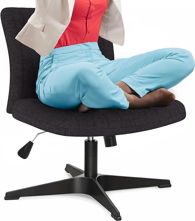 Criss Cross Desk Chair - Wide Armless Office Chair No Wheels, Cross Legged Office Chair, Adjustable Modern 360 Swivel Vanity, Fabric Padded,120° Rocking Ergonomic Mid Back Computer - Black - LeafyLoom