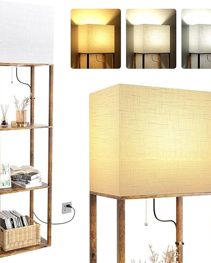 Dott Arts Floor Lamp with Shelves, Wide Floor Lamps for Living Room Display Shelf Lamps with 3 Color LED Bulb,Storage Wood Modern Floor Lamp for Bedroom Standing Lamp for Living Room Office（Brown） - LeafyLoom
