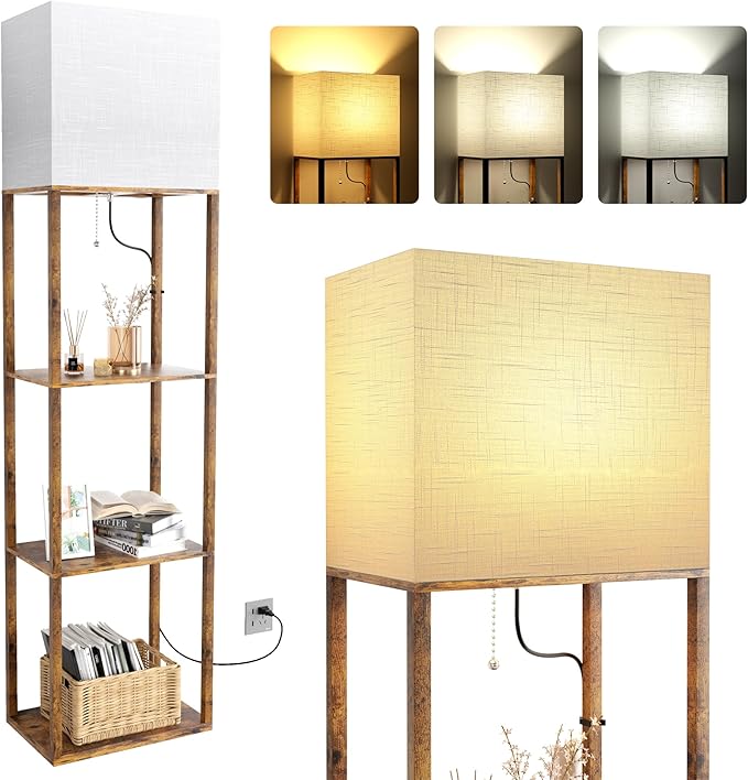 Dott Arts Floor Lamp with Shelves, Wide Floor Lamps for Living Room Display Shelf Lamps with 3 Color LED Bulb,Storage Wood Modern Floor Lamp for Bedroom Standing Lamp for Living Room Office（Brown） - LeafyLoom