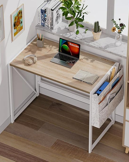 Folding Desk, Small Foldable Desk 31.5 Inch for Small Space, Computer Table Home Office Writing Desk with Storage Bag Headphone Hook, Easy Assembly, OAK - LeafyLoom