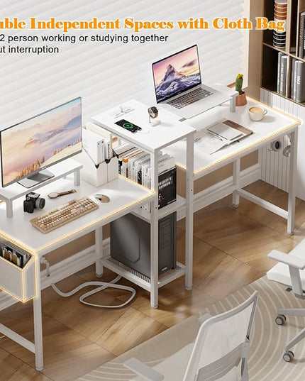 Furologee 2 Person Gaming Desk with LED Lights, 71 Inch Computer Desk with Power Outlets and Monitor Stand, Double Desk with Storage Bag and Headphone Hooks, Study Writing Table for Home Office, White - LeafyLoom