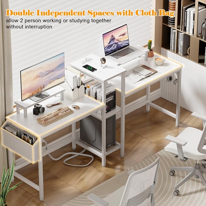 Furologee 2 Person Gaming Desk with LED Lights, 71 Inch Computer Desk with Power Outlets and Monitor Stand, Double Desk with Storage Bag and Headphone Hooks, Study Writing Table for Home Office, White - LeafyLoom