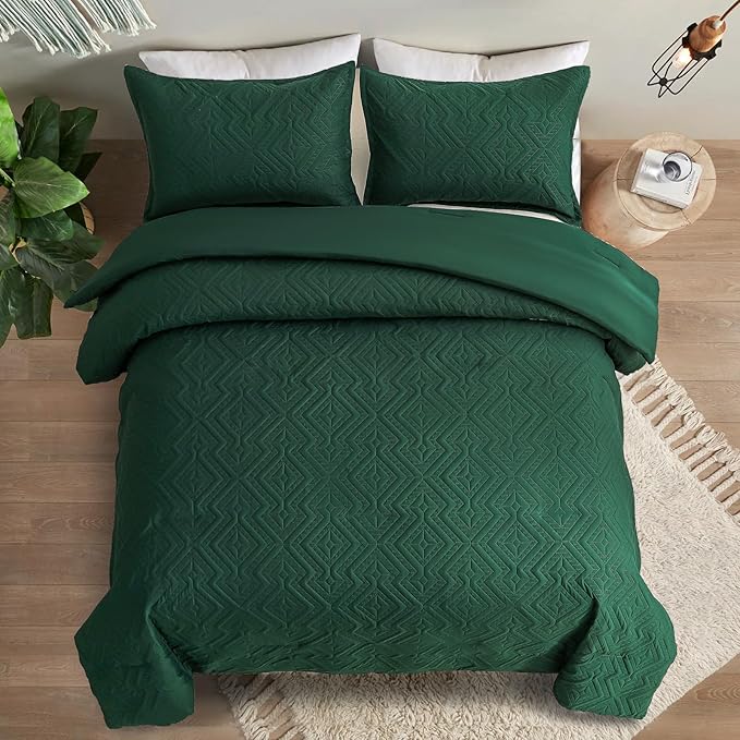 WONGS BEDDING Emerald Green Comforter Set Queen Size(90“×90”), Boho Geometric Textured Bedding Comforter Sets - 3 Pieces Reversible Soft Microfiber Ultrasonic Bedding with 2 Pillowcases - LeafyLoom