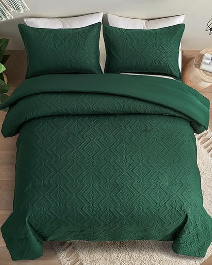 WONGS BEDDING Emerald Green Comforter Set King Size(104“×90”), Boho Geometric Textured Bedding Comforter Sets - 3 Pieces Reversible Soft Microfiber Ultrasonic Bedding with 2 PillowCases - LeafyLoom