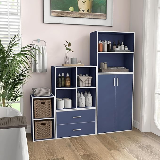 Apexa 2-Tier Cube Storage Organizer Shelves, Stackable Wood Bookcase Fits Cubby Bins for Organization, Dorm Teen Room Decor & Home Office, Steel Blue - LeafyLoom