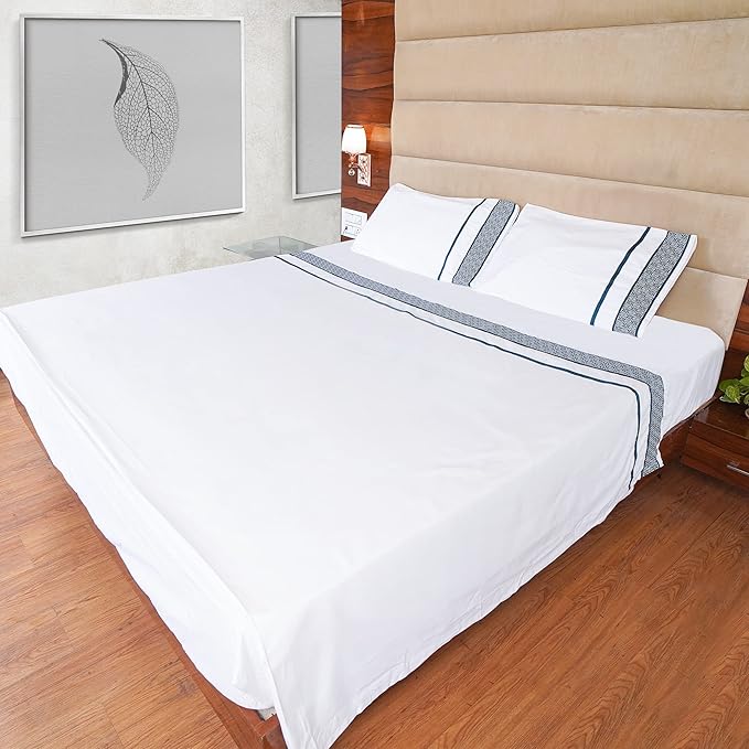 Bluemoon Homes 100% Egyptian Cotton Sheets Cal King Size Sheets Set, 4 Piece Bedding Sheets & Pillowcases Set, Luxury Deep Pocket California King Sheets, Cool Durable - Teal Embroidered White Sheets - LeafyLoom