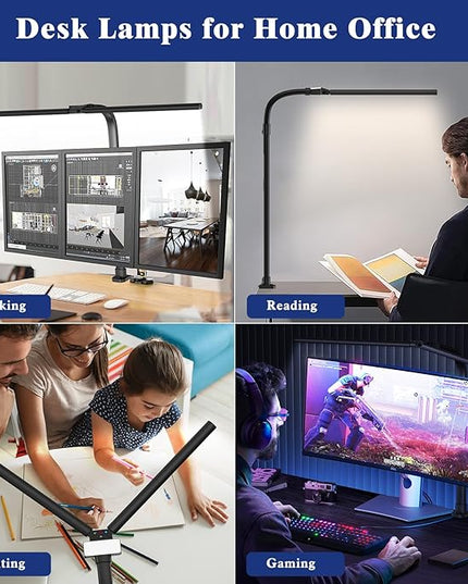 Desk Lamp for Home Office, 24W LED Desk Lamp with Clamp - 25 Lighting Modes Dimming Workbench Light with Flexible Gooseneck, Eye Protection Modern Desk Lamp for Reading Study Monitor Drafting - LeafyLoom