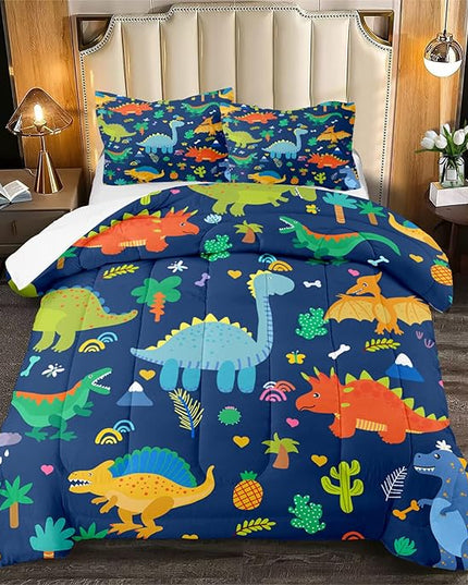 Cute Cartoon Dinosaur Bedding Set, Ultra Soft Full Size Comforter Set for Boys, Lovely Dinosaur Printed Comforter for Kids Teens, Dark Blue Microfiber Quilt for All Season 3Pcs with Pillowcases - LeafyLoom