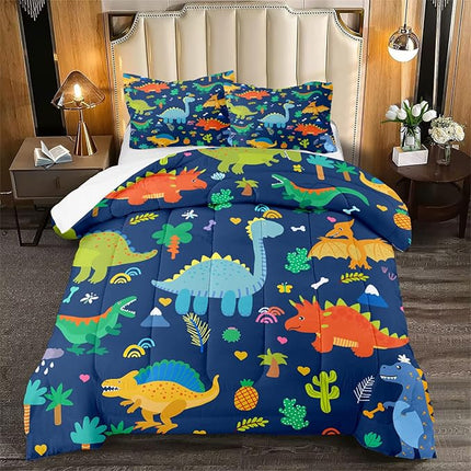 Dinosaur Comforter Set for Boys, Cartoon Dinosaur Bedding Set Queen Size, Cute Blue Pattern Dinosaur Comforter Set for Kids Teens Soft Breathable All Season Quilt 3Pcs with 2 Pillowcases - LeafyLoom