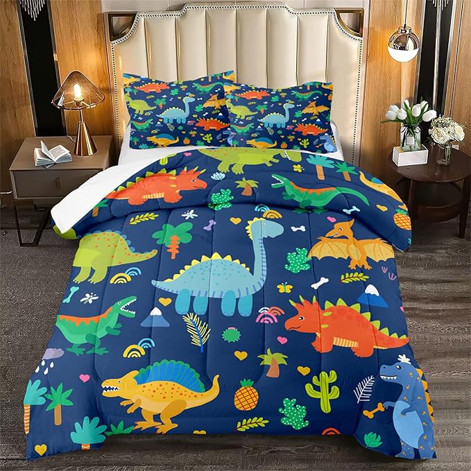 Dinosaur Comforter Set for Boys, Cartoon Dinosaur Bedding Set Queen Size, Cute Blue Pattern Dinosaur Comforter Set for Kids Teens Soft Breathable All Season Quilt 3Pcs with 2 Pillowcases - LeafyLoom