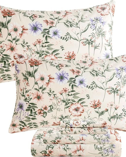 QSH Floral Egyptian Cotton Sheets King Size - Pink Flowers Green Leaves Pattern Printed Bedding King Size Bed Sheets 17.5" Extra Deep Pocket 4pcs - LeafyLoom