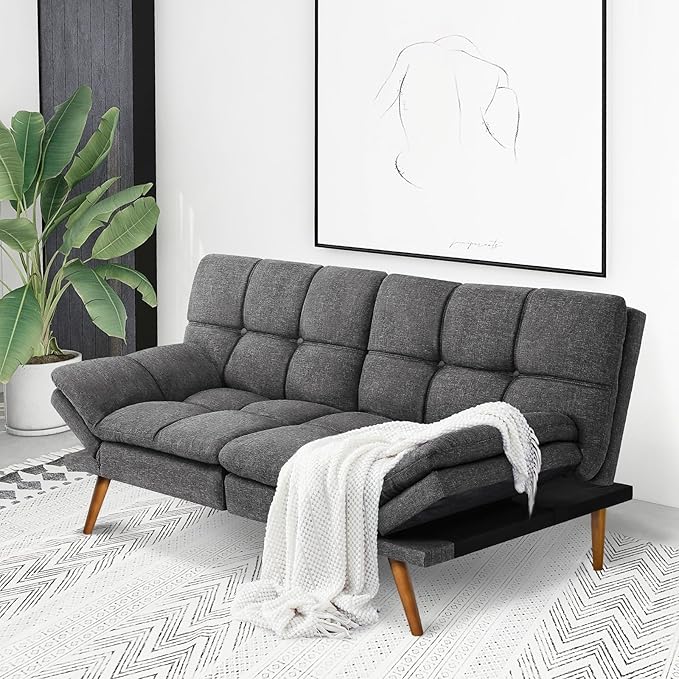 IULULU Futon Sofa Bed, Modern Convertible Sleeper Couch Daybed with Adjustable Armrests for Studio, Apartment, Office, Small Space, Compact Living Room, Dark Gray - LeafyLoom
