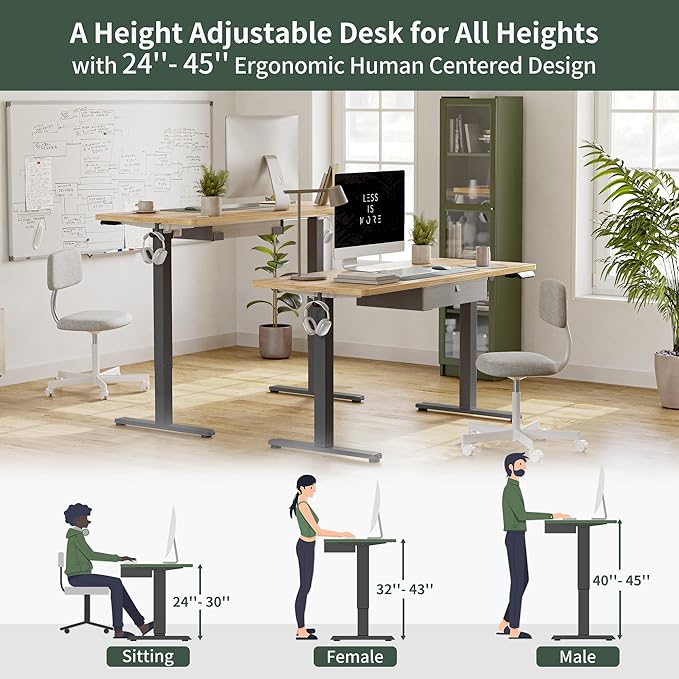 FEZIBO Standing Desk with Drawer, 55 x 24 Inches Adjustable Height Electric Stand up Desk with Storage, Sit Stand Home Office Desk, Light Rustic/Grey Frame - LeafyLoom
