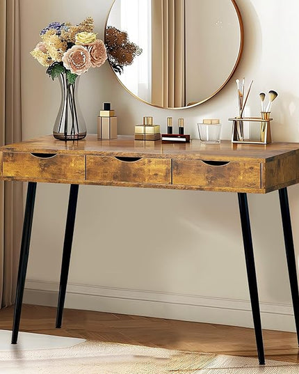sogesfurniture Mid Century Writing Computer Desk with 3 Drawers, Makeup Vanity Table, 43.3'' Writing Study Desk for Home Office, Dressing Table, Rustic Brown - LeafyLoom