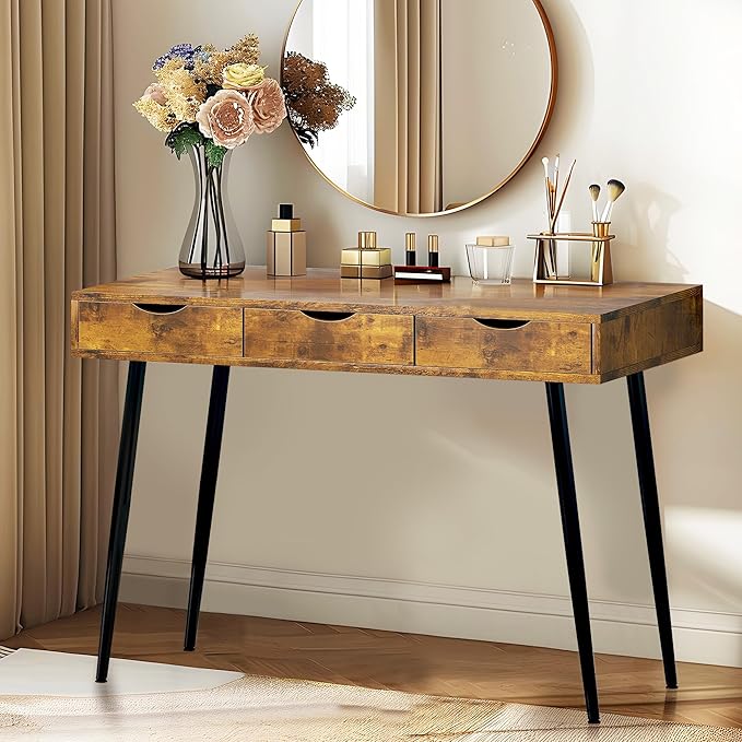 sogesfurniture Mid Century Writing Computer Desk with 3 Drawers, Makeup Vanity Table, 43.3'' Writing Study Desk for Home Office, Dressing Table, Rustic Brown - LeafyLoom