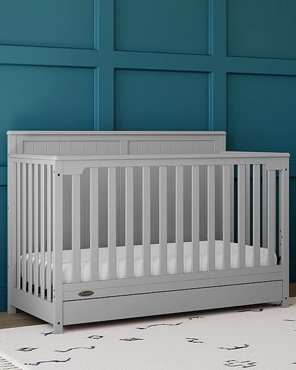 Graco Hadley 5-in-1 Convertible Crib with Drawer (Pebble Gray) – GREENGUARD Gold Certified, Crib with Drawer Combo, Full-Size Nursery Storage Drawer, Converts to Toddler Bed, Daybed - LeafyLoom