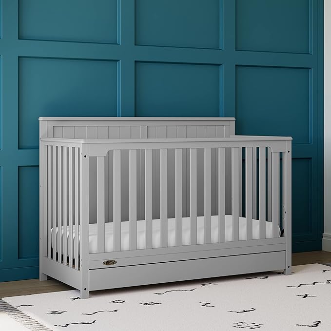 Graco Hadley 5-in-1 Convertible Crib with Drawer (Pebble Gray) – GREENGUARD Gold Certified, Crib with Drawer Combo, Full-Size Nursery Storage Drawer, Converts to Toddler Bed, Daybed - LeafyLoom