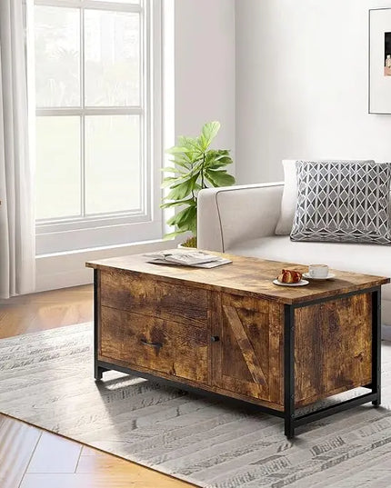 FABATO 41.7" Lift Top Coffee Table with Storage Drawer& Hidden Compartment Barn Door Cabinet Center Table Coffee Table for Living Room Farmhouse Industrial Wood (Rustic Brown2) - LeafyLoom