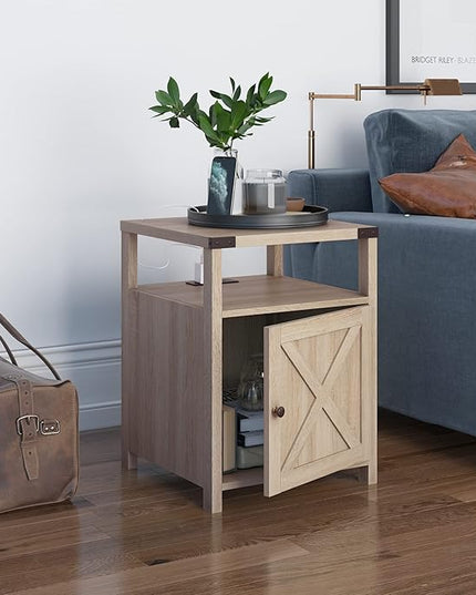 Farmhouse Nightstand with Charging Station, Rustic End Table Bedroom with Storage Living Room Side Table Beige Night Stand Industrial Bedside Bed Table with USB Ports and Outlets - LeafyLoom