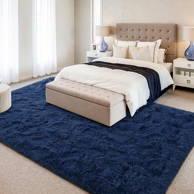 5x8 Large Area Rugs for Living Room, Super Soft Fluffy Modern Bedroom Rug, Navy Blue Indoor Shag Fuzzy Carpets for Girls Kids Nursery Room Home Decor - LeafyLoom
