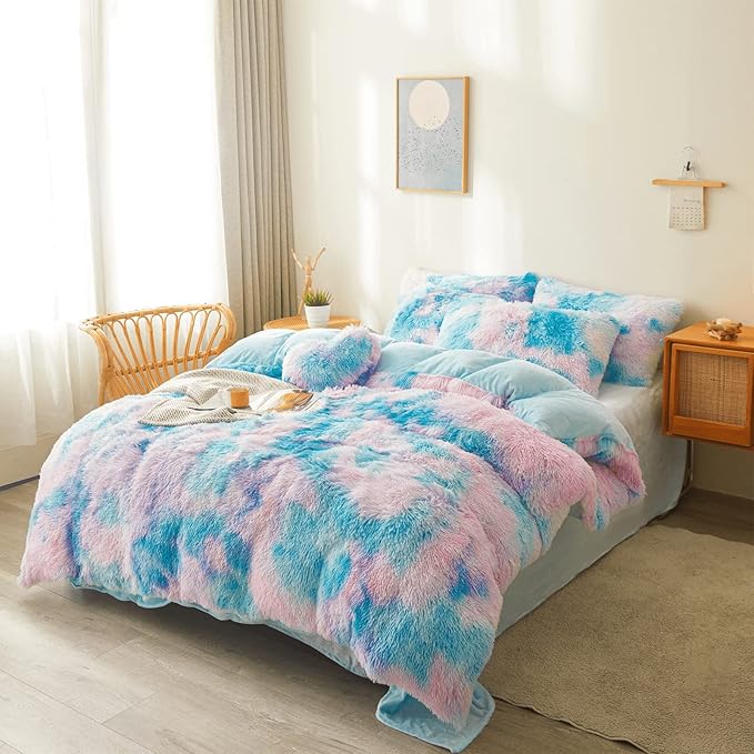 Tie dye Blue Plush Fluffy Comforter Cover Set Queen - Ultra Soft Faux Fur tie dye Bedding Sets 3 Pieces (1 Shaggy Duvet Cover + 2 Pillow case) Fluffy Bed Set (Tie Dye Blue, Queen) - LeafyLoom