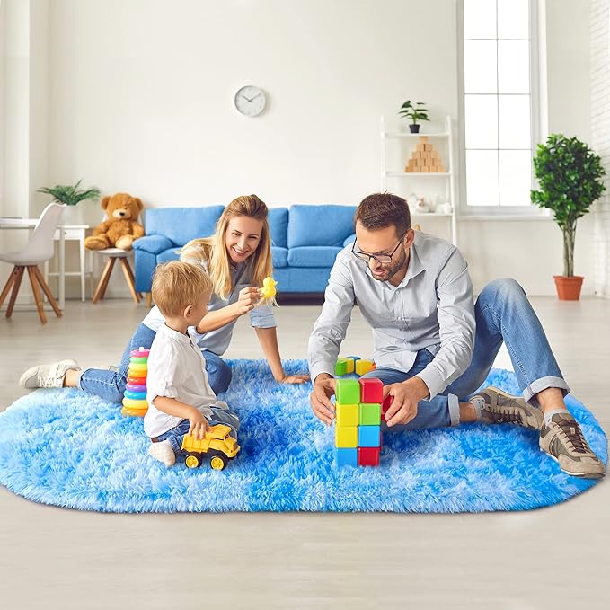Noahas Oval Fluffy Blue Rainbow Rug 2.6X5.3 Small Kids Rugs for Bedroom Girls And Boys Aesthetic,Bedside Bedroom Rug,Ultra Soft Runner Carpet Modern Shaggy Nursery Area Rugs Home D飯r - LeafyLoom