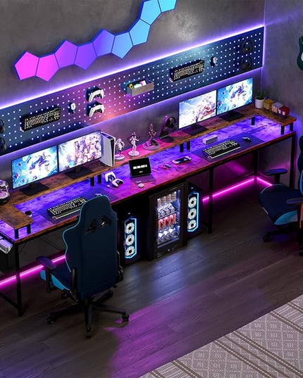 U Shaped Computer Gaming Desk, Reversible L Shaped Desk with Power Outlets, LED Strip & Monitor Stand, Large Corner Desk with Storage Shelves for Home Office, Rustic Brown - LeafyLoom