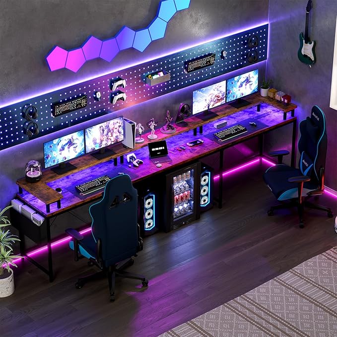 U Shaped Computer Gaming Desk, Reversible L Shaped Desk with Power Outlets, LED Strip & Monitor Stand, Large Corner Desk with Storage Shelves for Home Office, Rustic Brown - LeafyLoom