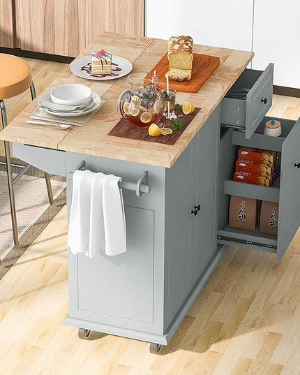 54Inch Kitchen Island Table with Drop Leaf & Adjustable Storage, Rolling Kitchen-Cart on Wheels w/Rubber Wood Top, 3-Tier Pull Out Cabinet Organizer, for Dining Room, Home - LeafyLoom