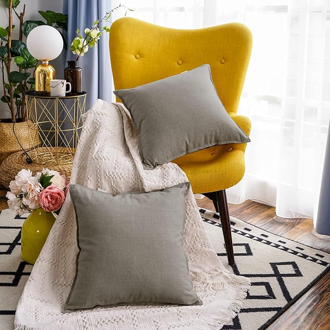 Jeanerlor 18"x18" Solid Cotton Linen Decoration Throw Pillow Case with Zipper Euro Sham Cushion Case Cool Pillow Cover Delicate Decorative Pillowcase for Chair/Bed/Couch,2 Packs, Gray - LeafyLoom