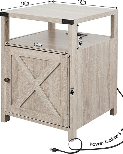 Farmhouse Nightstand with Charging Station, Rustic End Table Bedroom with Storage Living Room Side Table Beige Night Stand Industrial Bedside Bed Table with USB Ports and Outlets - LeafyLoom