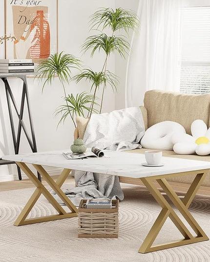 Coffee Table Living Room Table White Center Table, Simple Modern Faux Marble Rectangular Tea Table with Sturdy Gold-Finished Metal Frame,Industrial Wooden Coffee Table for Bedroom Home Office - LeafyLoom