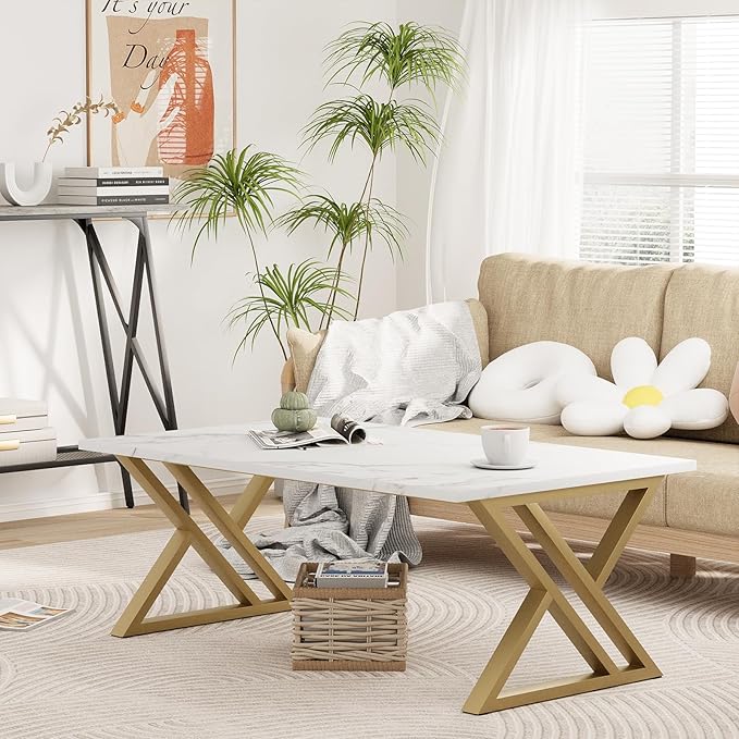 Coffee Table Living Room Table White Center Table, Simple Modern Faux Marble Rectangular Tea Table with Sturdy Gold-Finished Metal Frame,Industrial Wooden Coffee Table for Bedroom Home Office - LeafyLoom