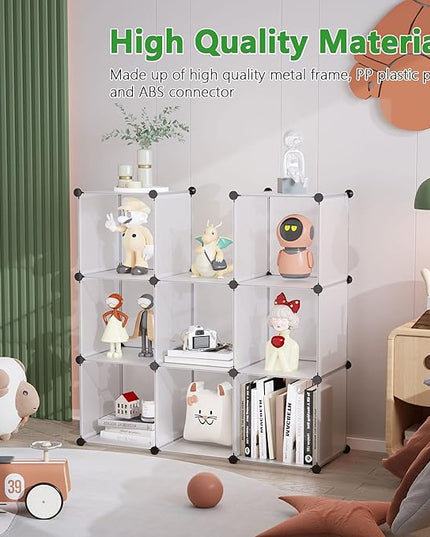 C&AHOME Cube Storage, 9-Cube Plastic Closet Cabinet Organizer, DIY Stackable Bookshelf, Modular shelving Units Ideal for Home, Office, Kids Room, 36.6"L x 12.4" W x 48.4" H Translucent White SBTM3009A - LeafyLoom