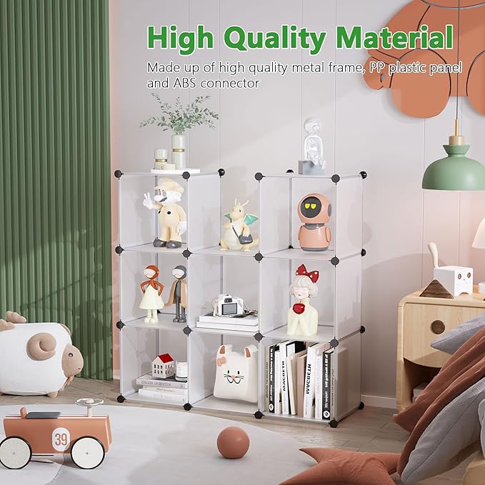 C&AHOME Cube Storage, 9-Cube Plastic Closet Cabinet Organizer, DIY Stackable Bookshelf, Modular shelving Units Ideal for Home, Office, Kids Room, 36.6"L x 12.4" W x 48.4" H Translucent White SBTM3009A - LeafyLoom