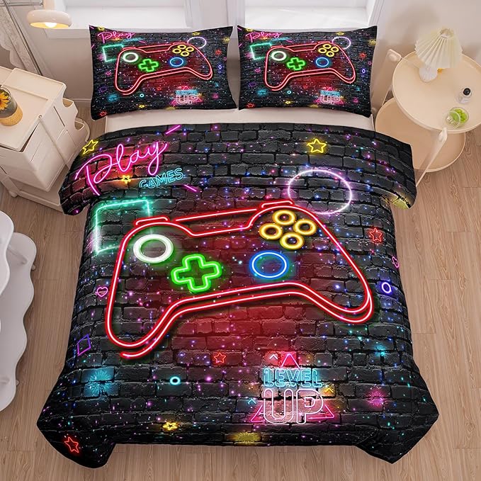 NINENINE Full Size Bedding Sets for Boys 5PCS Gaming Comforter Gamer Bedding Sets for Boys Bed in A Bag Gamer Comforter Sets (1Comforter, 1Flat Sheet, 1Fitted Sheet, 2Pillowcases)… - LeafyLoom