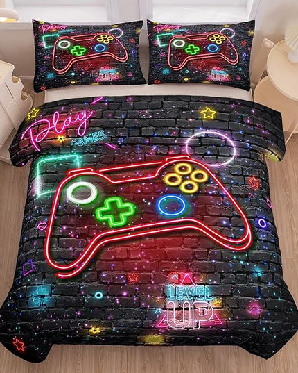 Gamer Comforter Sets for Boys, Full Size Comforter Set for Boys, Boys Bedding Set Full, 5 pcs Bed in A Bag, Gamer Bedding Set with Pillowcase, Flat & Fitted Sheet - LeafyLoom