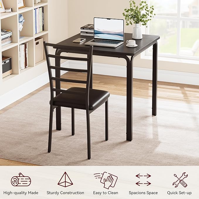 IDEALHOUSE Dining Table for 2, Small Table and Chairs Set of 2, Dinette Set for 2, Square Dinner Table Set, 3 Piece Kitchen & Dining Room Sets for Small Space (Black, Dining Table with 2Chairs) - LeafyLoom